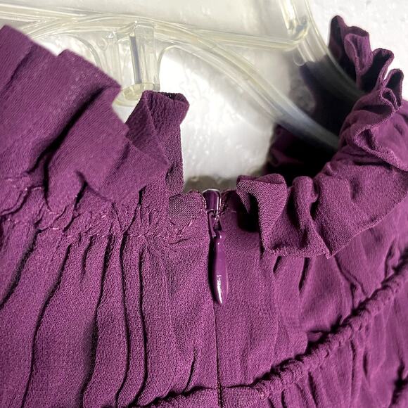 Farm Rio Ruffle High Neck Chiffon Burgundy Blouse XS - Picture 9 of 15